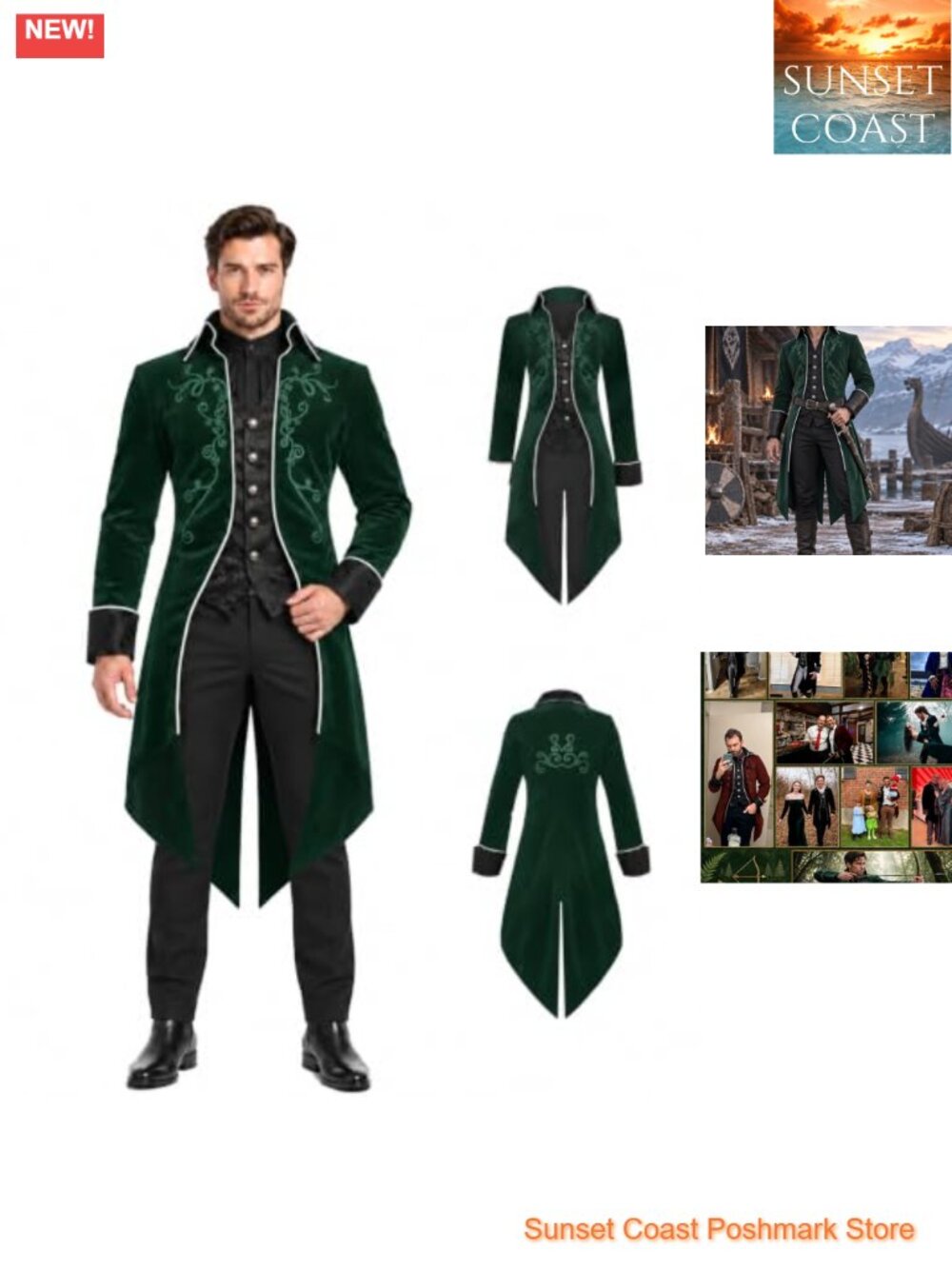 Men's Velvet Renaissance Pirate Tailcoat Halloween Costume Vampire Jacket